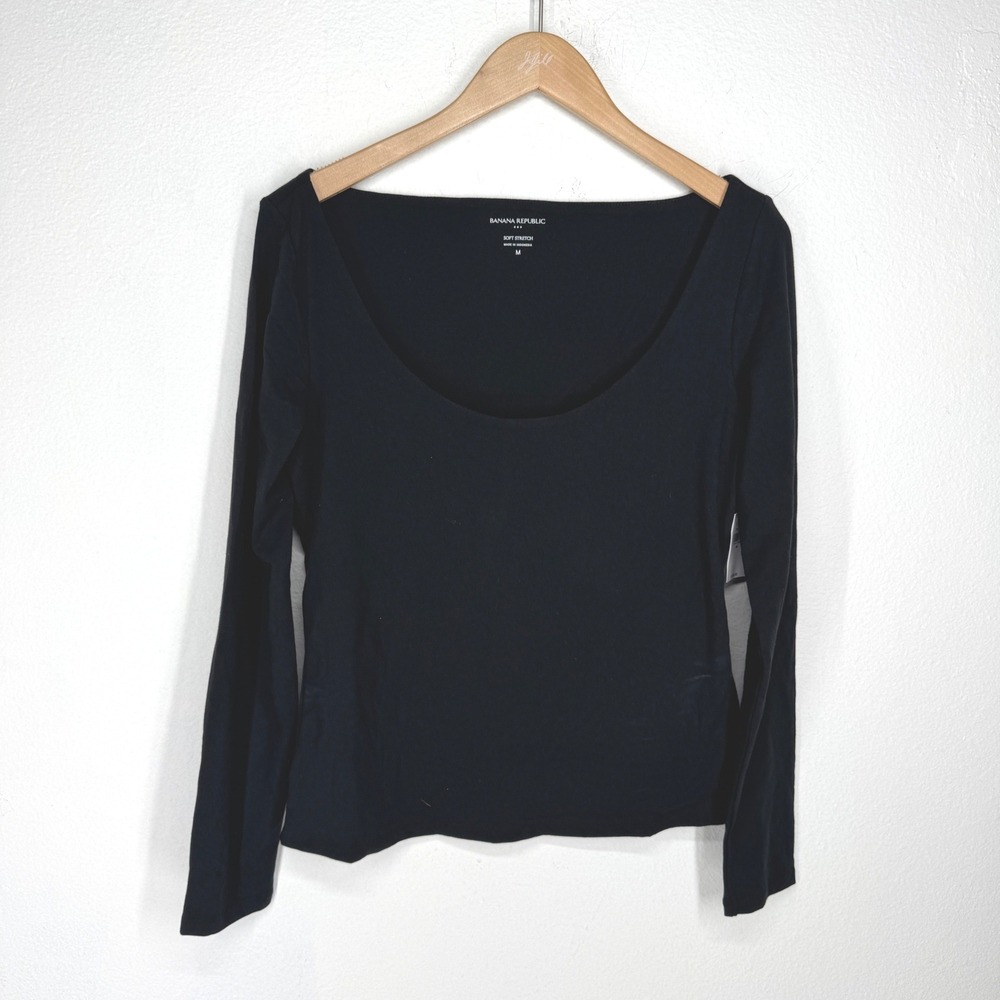 Banana Republic Womens Soft Stretch Scoop Neck Long Sleeve Top Black Size M NEW